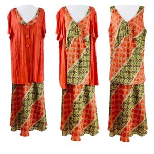 3-Piece 1X Emma James Orange, Brown, Green, and Tan Cardigan, Top, & Skirt Set